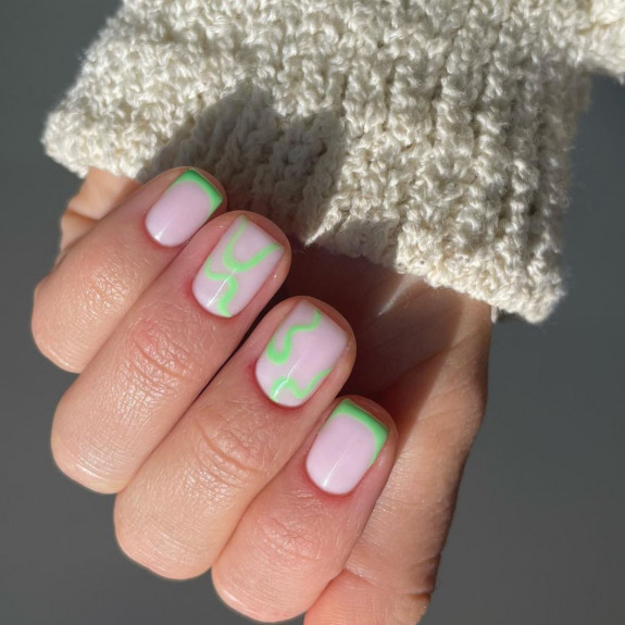 30 Spring Minimalist Nails — Neon Green Swirl + French Tip Nails