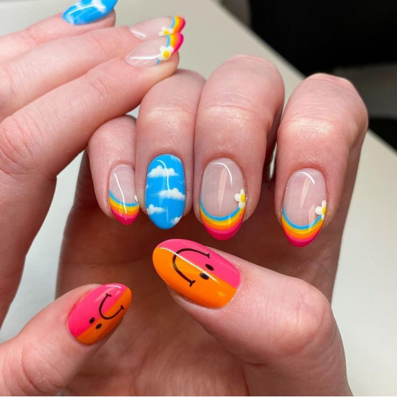 34 Bright Summer Nails — Bright Rainbow, Cloud and Smiley Face Nails