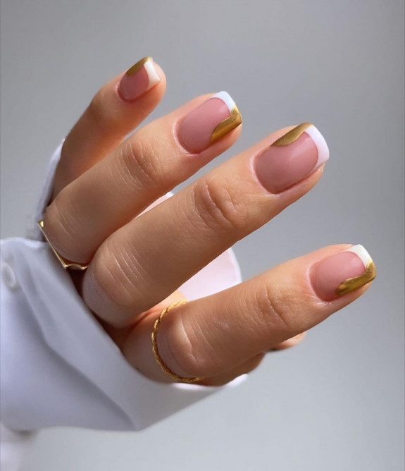 30 Spring Minimalist Nails — White French Tip Nails with Gold Details