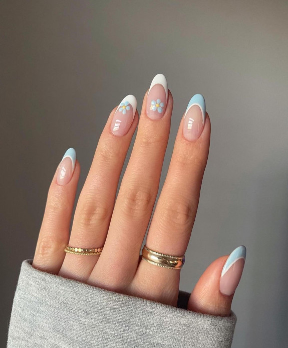 30 Spring Minimalist Nails — Soft Blue and White Tip Nails with Flower Details