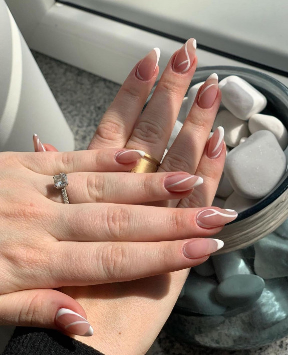 30 Spring Minimalist Nails — White Swirl Transparent Nails