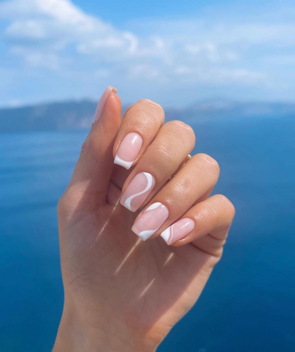 30 Spring Minimalist Nails — French + White Swirl Nails