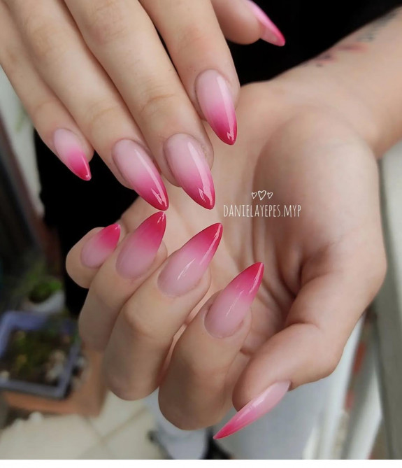 24 Cute Nezuko Nails — Ombre Pink Stiletto Nails