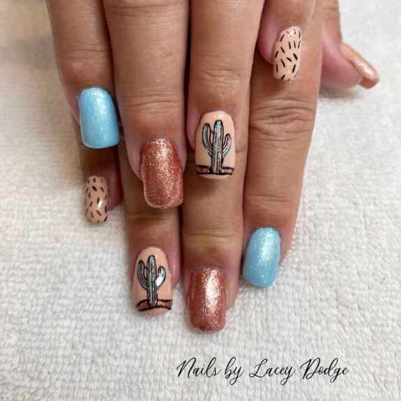 37 Painted Desert Nails — Glitter, Peach and Blue Desert Nails