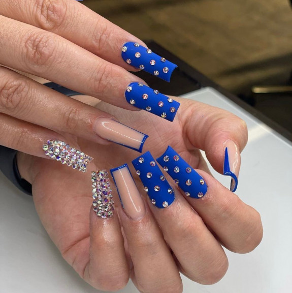 50 Best Prom Nail Designs — Royal Blue Nails with Rhinestone Details