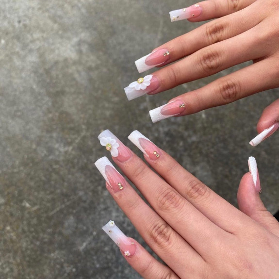 50 Best Prom Nail Designs — White French Nails with 3D Floral