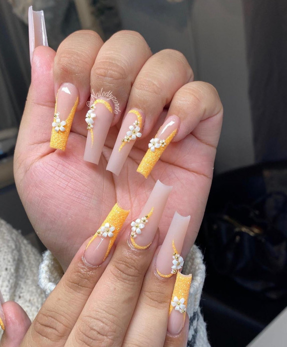 50 Best Prom Nail Designs — Yellow Textured + 3D Flower Nails