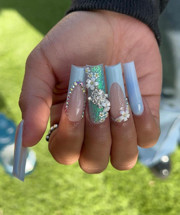 50 Best Prom Nail Designs — Blue Tip + 3D Flower Nails