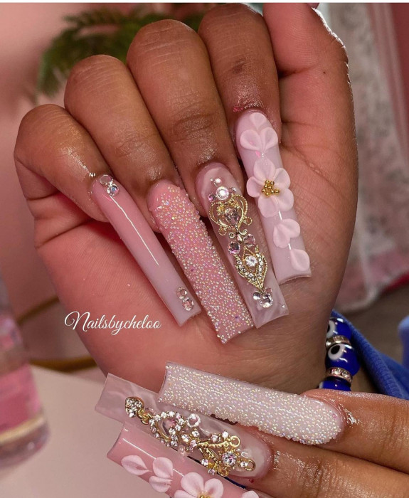 50 Best Prom Nail Designs — 3D Flower + Rhinestone Nude Pink Nails