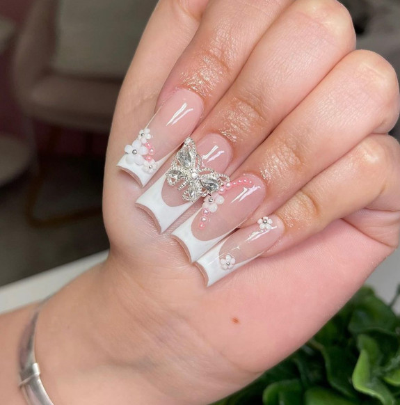 50 Best Prom Nail Designs — White French Nails with Silver Butterfly