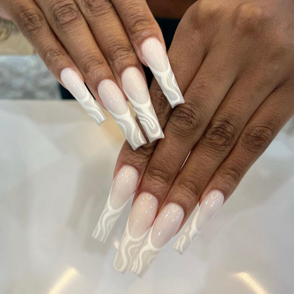 50 Best Prom Nail Designs — White Swirl French Tip Nails