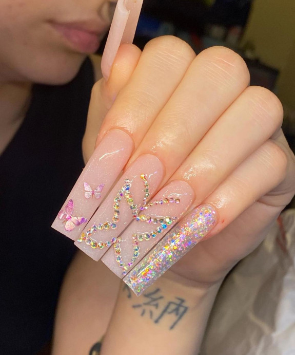 50 Best Prom Nail Designs — Nude Pink Nails with Butterflies