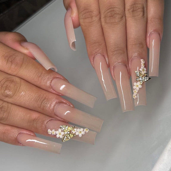 50 Best Prom Nail Designs — Nude Ombre Nails with Cascading 3D Flowers