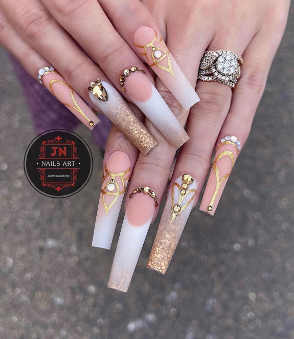 50 Best Prom Nail Designs — Milky White French + Ombre Gold Nails