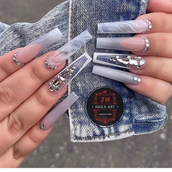 50 Best Prom Nail Designs — Translucent Marble Nails + Rhinestones