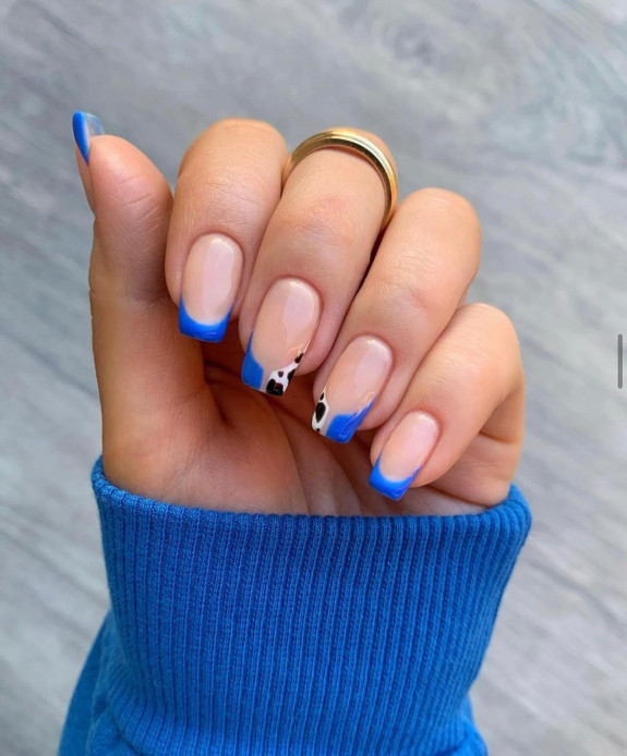 50 Trendy Animal Print Nail Ideas — Blue and Cow Print French Nails