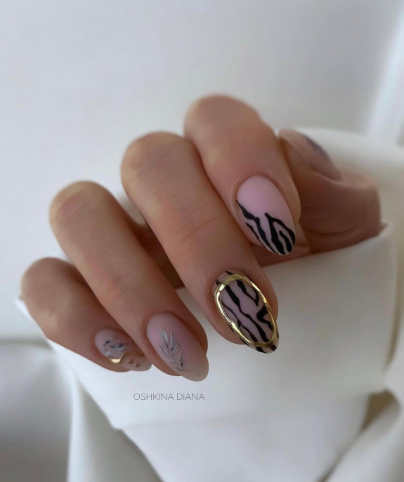 50 Trendy Animal Print Nail Ideas — Zebra and Nude Matte Almond Nails