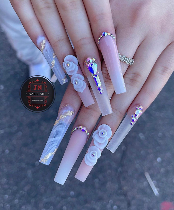 50 Best Prom Nail Designs — Marble + 3D Flower Pink Nails