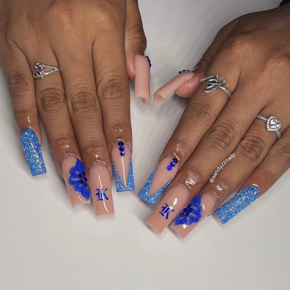 50 Best Prom Nail Designs — Blue Initial Nude Nails