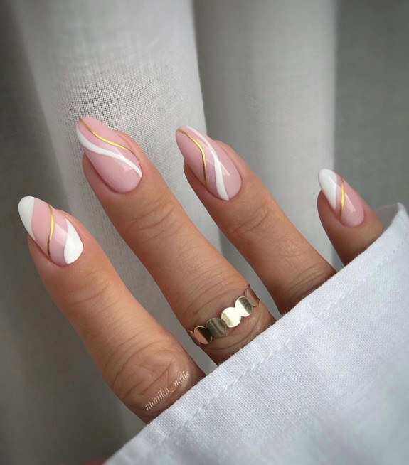 40 Classy Graduation Nails — White and Gold Swirl Pink Nails