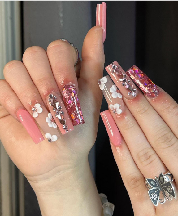 50 Best Prom Nail Designs — Nude Pink + 3D flower Nails