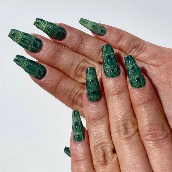 50 Trendy Animal Print Nail Ideas — Green Crocodile Print Nails