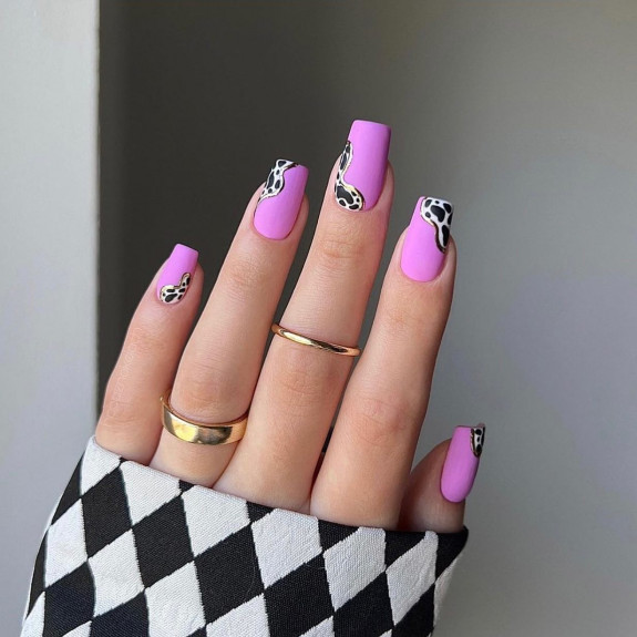 50 Trendy Animal Print Nail Ideas — Cow Print and Soft Purple Nails