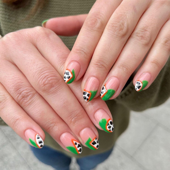 50 Trendy Animal Print Nail Ideas — Cow Print, Green and Orange Outline Nails