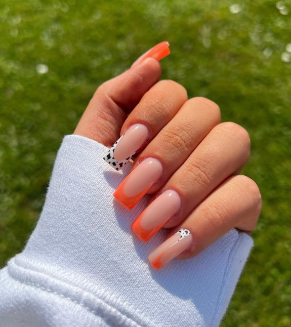 50 Trendy Animal Print Nail Ideas — Cow Print and Orange French Nails