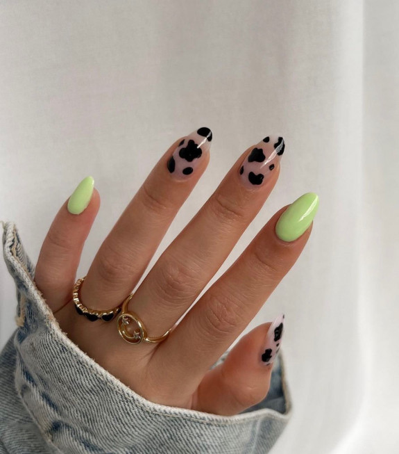 50 Trendy Animal Print Nail Ideas — Green and Cow Print Sheer Nails