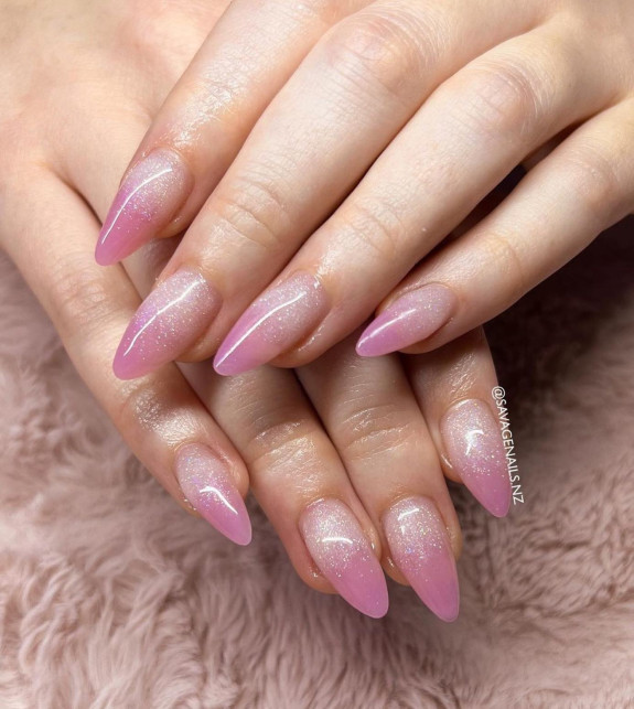 24 Cute Nezuko Nails — Shimmery Pink Ombre Tip Nails