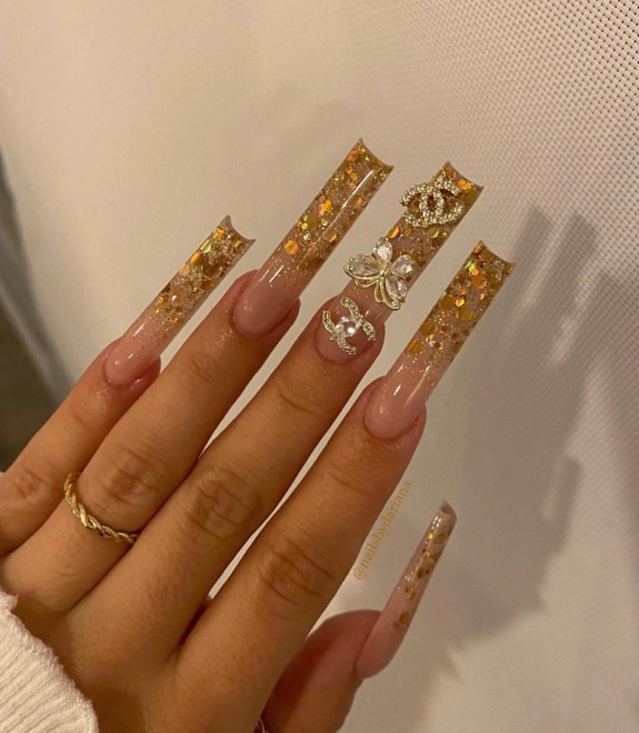 50 Best Prom Nail Designs — Ombre Gold Acrylic Nails with Chanel + Butterfly