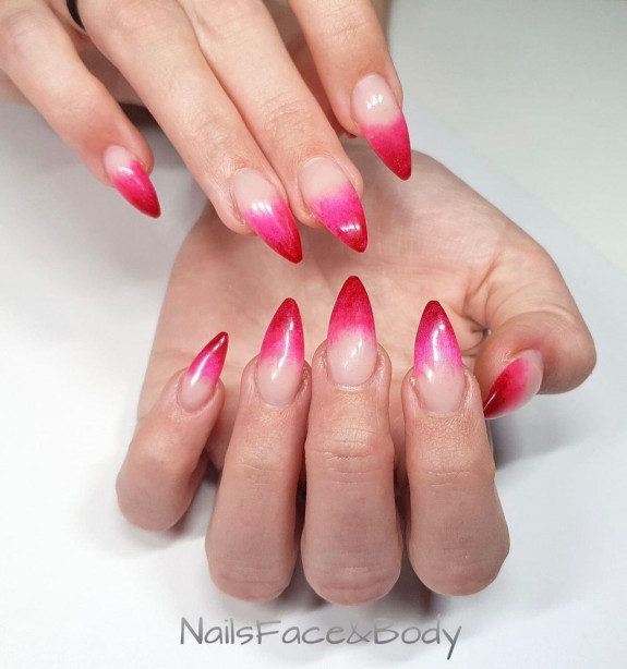 24 Cute Nezuko Nails — Red and Pink Ombre Stiletto Nails