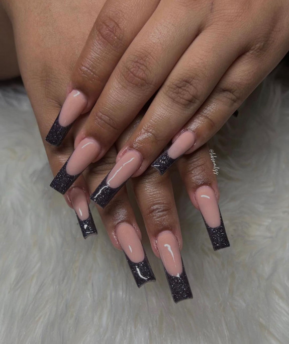 40+ Black French Tip Nails — Shimmery Black Coffin Nails