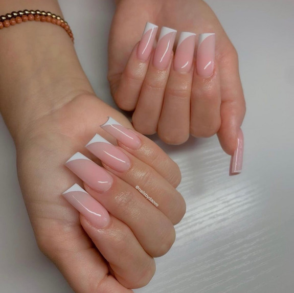 54 Cute Tapered Square Nails — White Side French Acrylic Nails