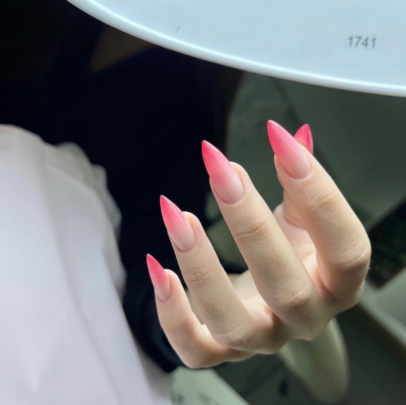 24 Cute Nezuko Nails  — Pink Ombre Stiletto Nails