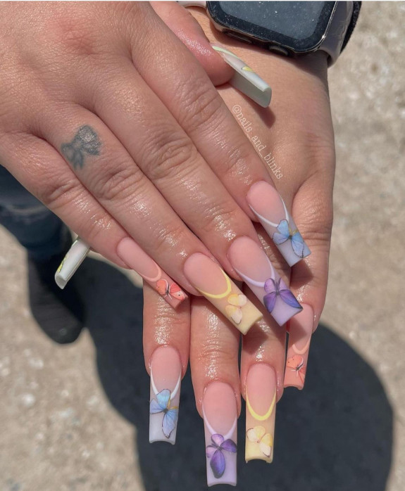 54 Cute Tapered Square Nails — Acrylic Pastel French Tip Nails + Butterfly