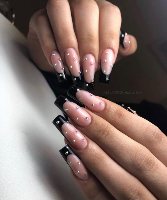 40+ Black French Tip Nails — Coffin Black Acrylic Nails with Rhinestones