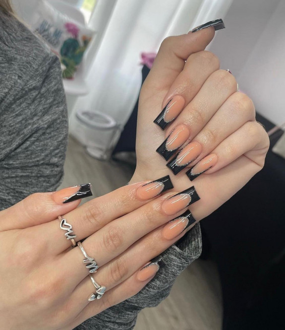 40+ Black French Tip Nails — Glittery Outline + Black French Nails