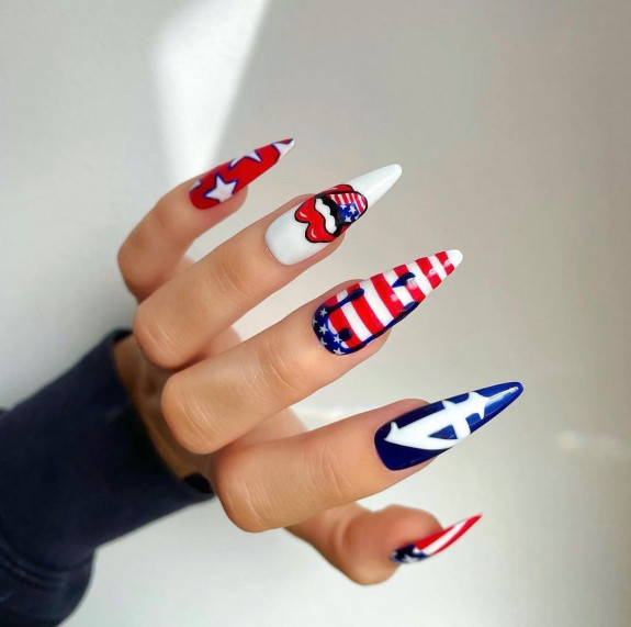 30+ Patriotic 4th of July Nail Art Ideas — Red, Blue and White Stiletto Nails