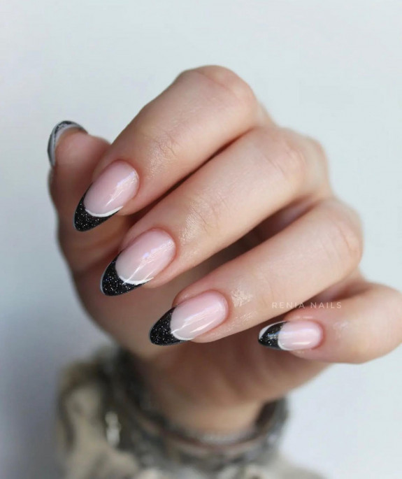 40+ Black French Tip Nails — Shimmery Black Tip Nails with White Lines