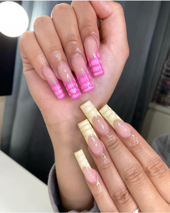 50 Trendy Animal Print Nail Ideas — Pink and Yellow Croc French Tip Nails