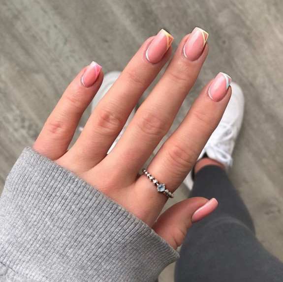 54 Cute Tapered Square Nails — Pastel Outline French Nails