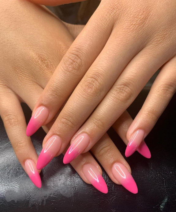 24 Cute Nezuko Nails — Ombre Pink Stiletto-Almond Nails