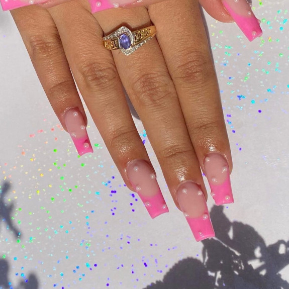 54 Cute Tapered Square Nails — Pink French Tip Nails with Pearls