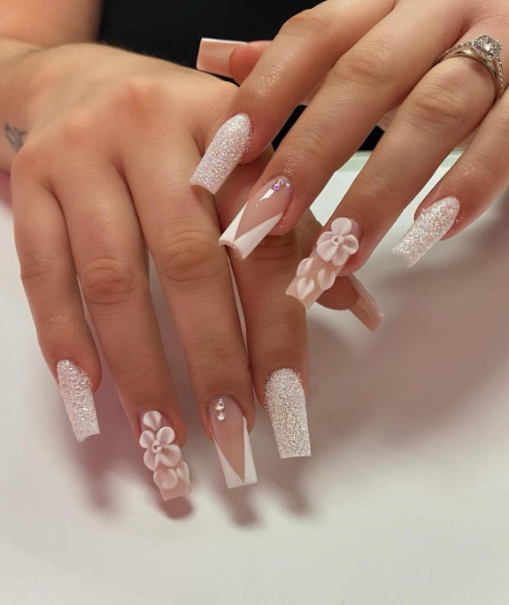 54 Cute Tapered Square Nails — White Shimmery + 3D Flower Nails