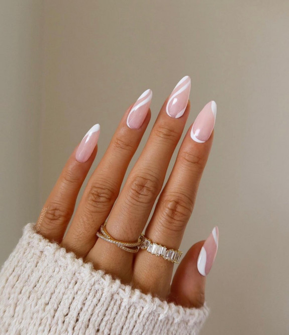 40 Classy Graduation Nails — White Swirl Sheer Almond Nails