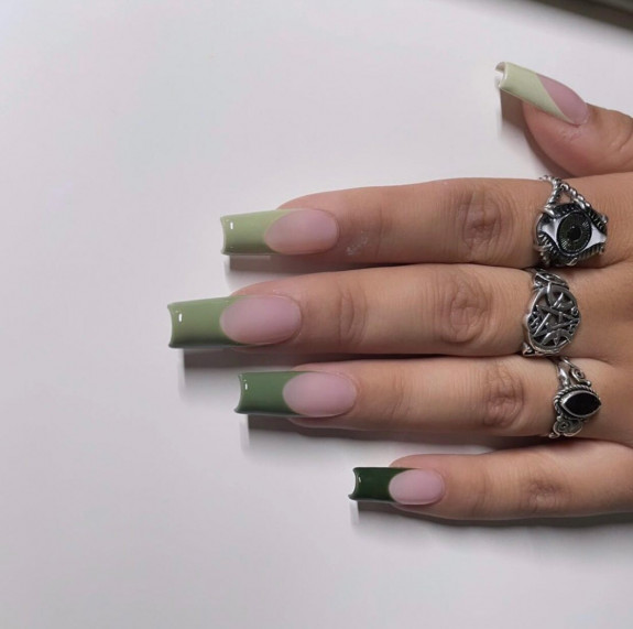 54 Cute Tapered Square Nails — Shades of Green French Tip Nails