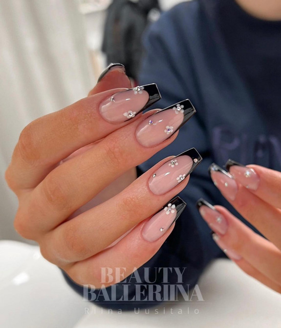 40+ Black French Tip Nails — Rhinestone Flower French Tip Nails