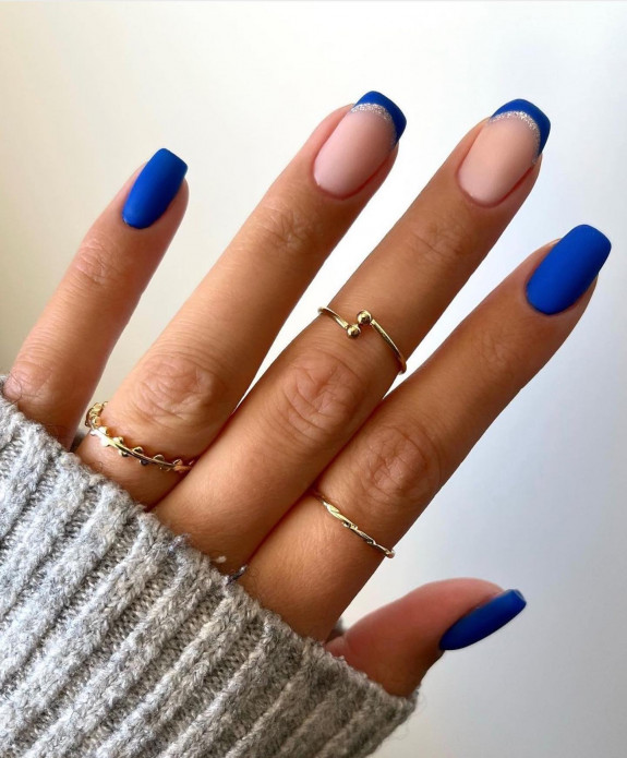 54 Cute Tapered Square Nails — Blue and Glitter French Tip Nails